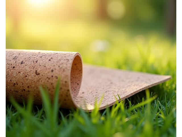 Natural Cork Yoga Mat rolled out outdoors on grass.