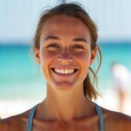 Sarah J. practicing yoga on a beach
