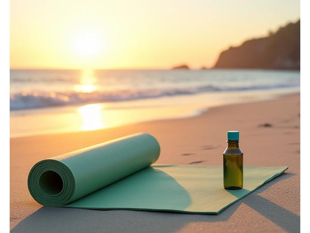 Yoga mat on a sandy beach at sunrise, with ocean waves in the background