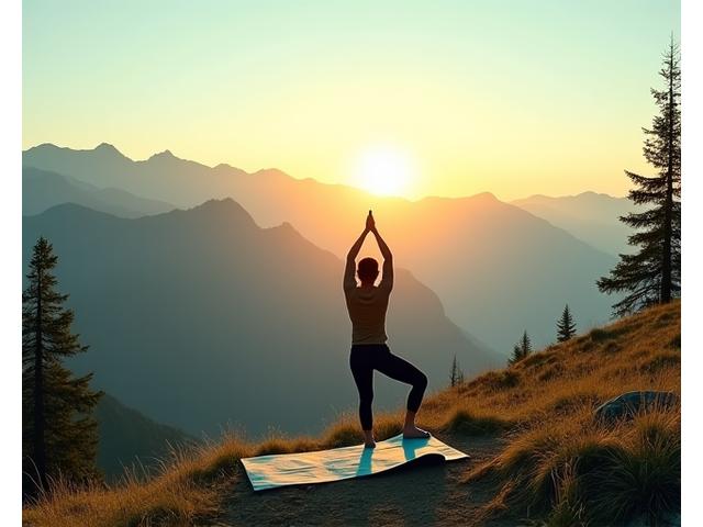 Person practicing yoga in the mountains at sunset, surrounded by pine trees and clear skies